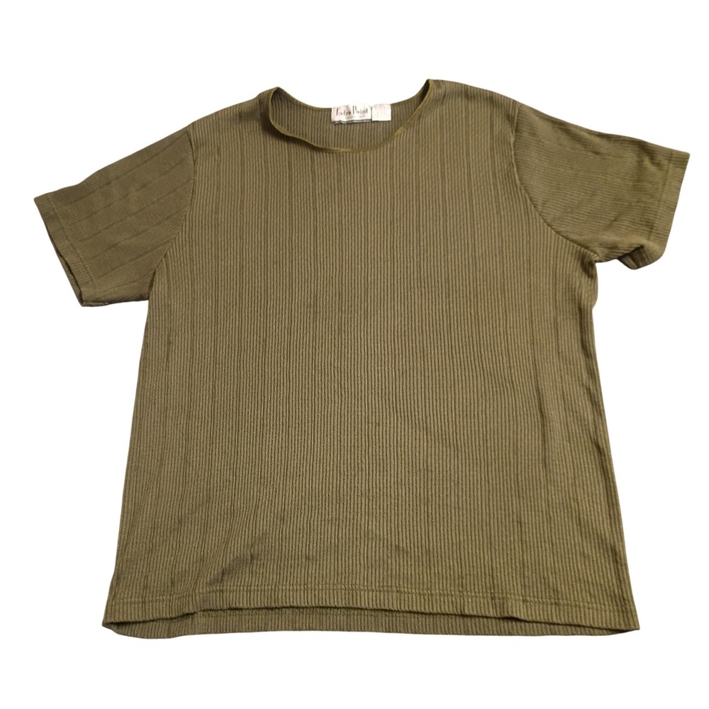 Extra Point Ribbed Knit Top Women 2X Olive Green Short Sleeve Crew Neck Tee